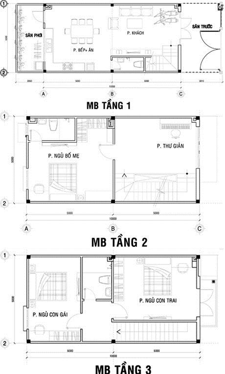 mặt bằng nhà phố 3 tầng